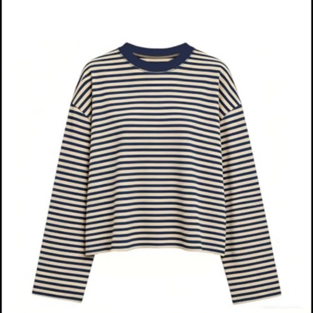Striped Oversized Cropped Long Sleeve Crewneck Top Polyester Blend